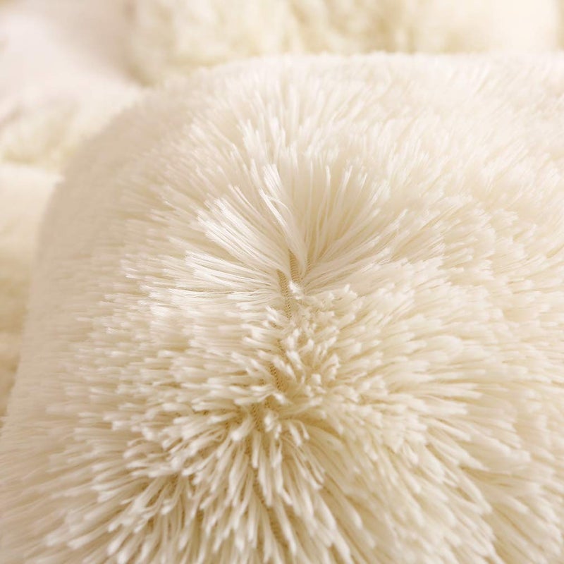 Uhamho Faux Fur Velvet Fluffy Bedding Duvet Cover Set Down Comforter Quilt Cover with Pillow Shams, Ultra Soft Warm (Queen, Cream) - Image 5